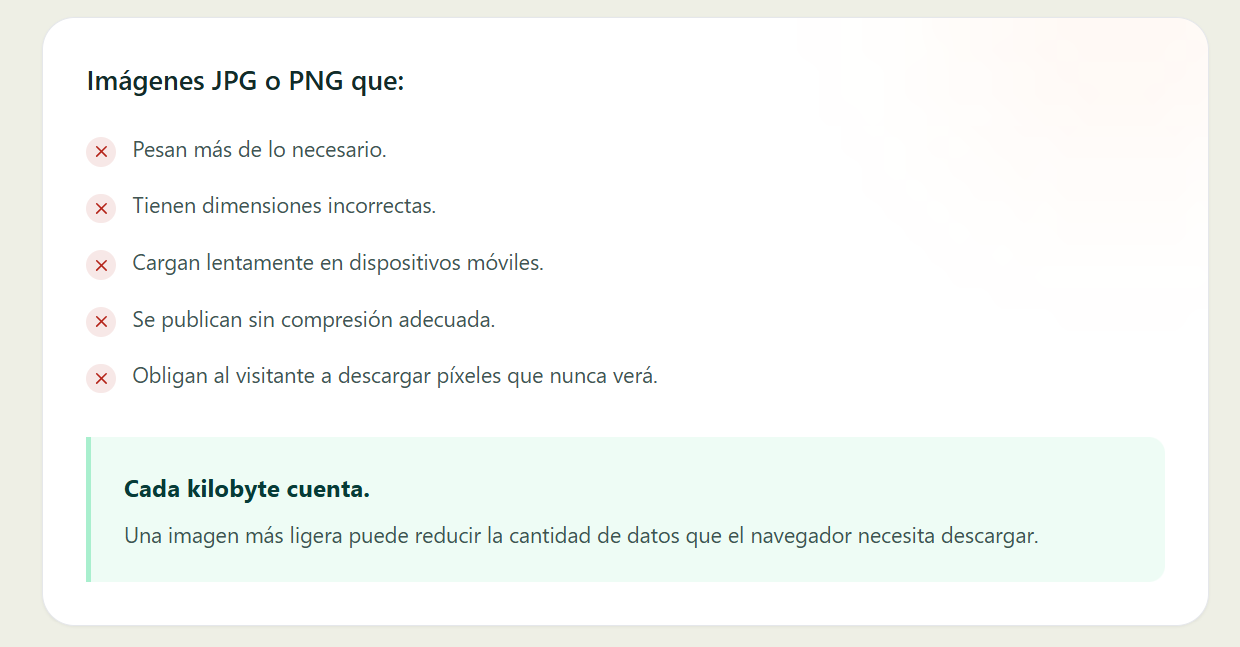 Problemas comunes de imágenes JPG y PNG sin optimizar